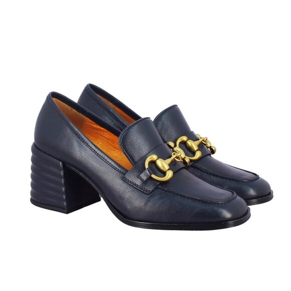 SAINT G Valentina Italian Leather Horsebit Heeled Loafers in Navy size 41 - Picture 1 of 7